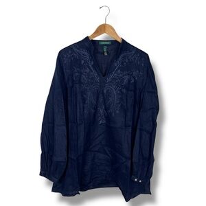 Lauren Ralph Lauren 100% Linen Tunic Top Embroidered Navy 1X Minimalist Travel